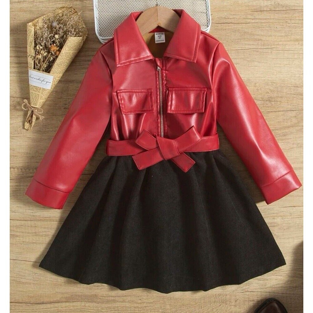 Toddler Girls dress Long Sleeve red Black PU Leather & corduroy holidays gift 4T